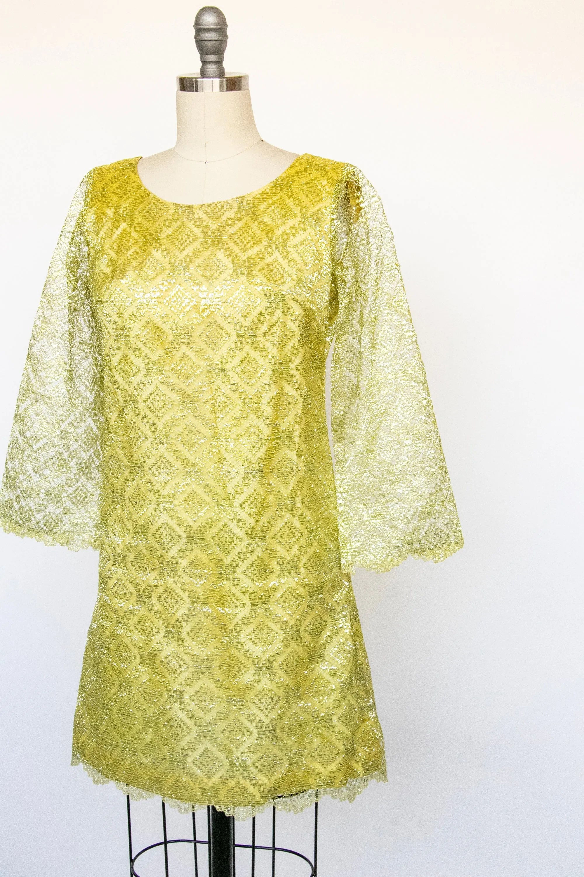 1960s Dress Metallic Mod Mini Gold Yellow Lace S / XS