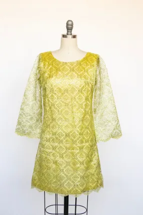 1960s Dress Metallic Mod Mini Gold Yellow Lace S / XS