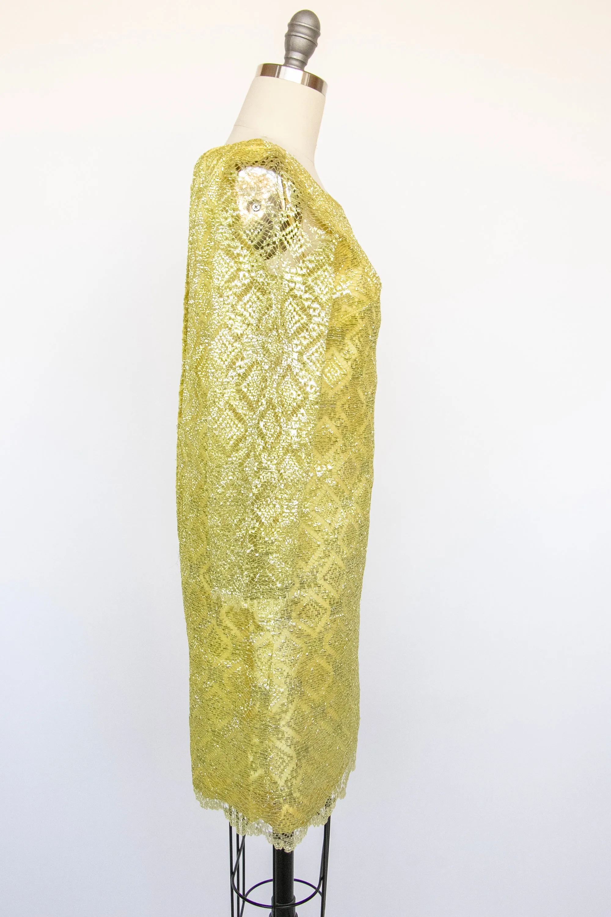 1960s Dress Metallic Mod Mini Gold Yellow Lace S / XS