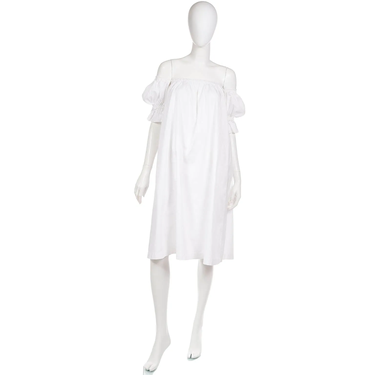 1980s Yves Saint Laurent White Cotton Puff Sleeve Vintage Dress