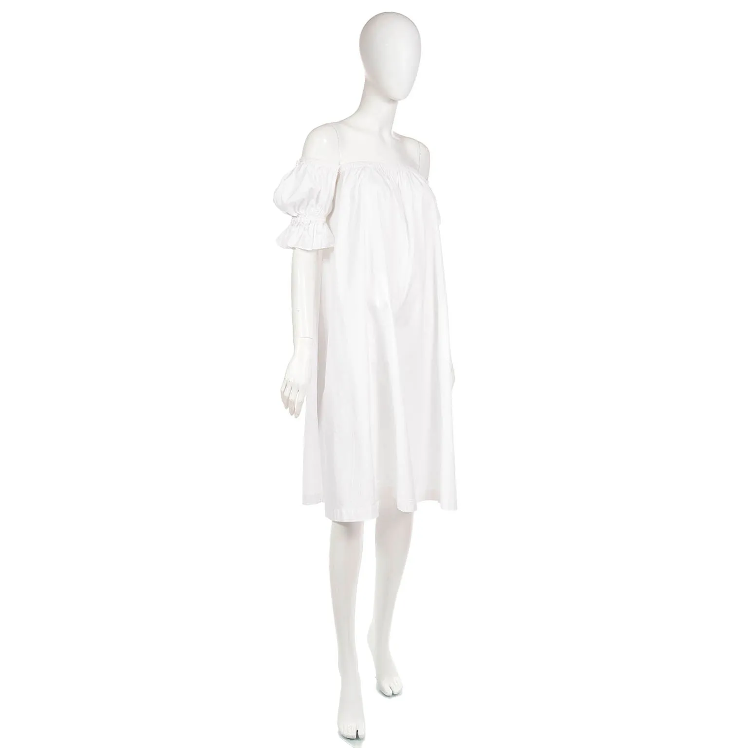 1980s Yves Saint Laurent White Cotton Puff Sleeve Vintage Dress