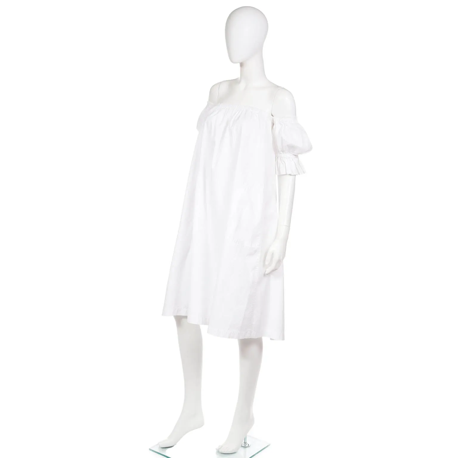 1980s Yves Saint Laurent White Cotton Puff Sleeve Vintage Dress