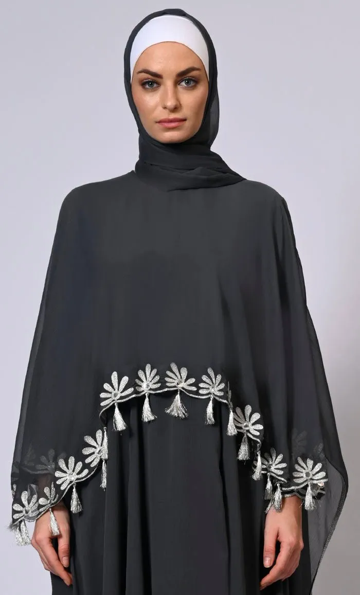 2 Pc Cape style Embroidered Grey Abaya with Scalloped Edges and Tassels Detailing