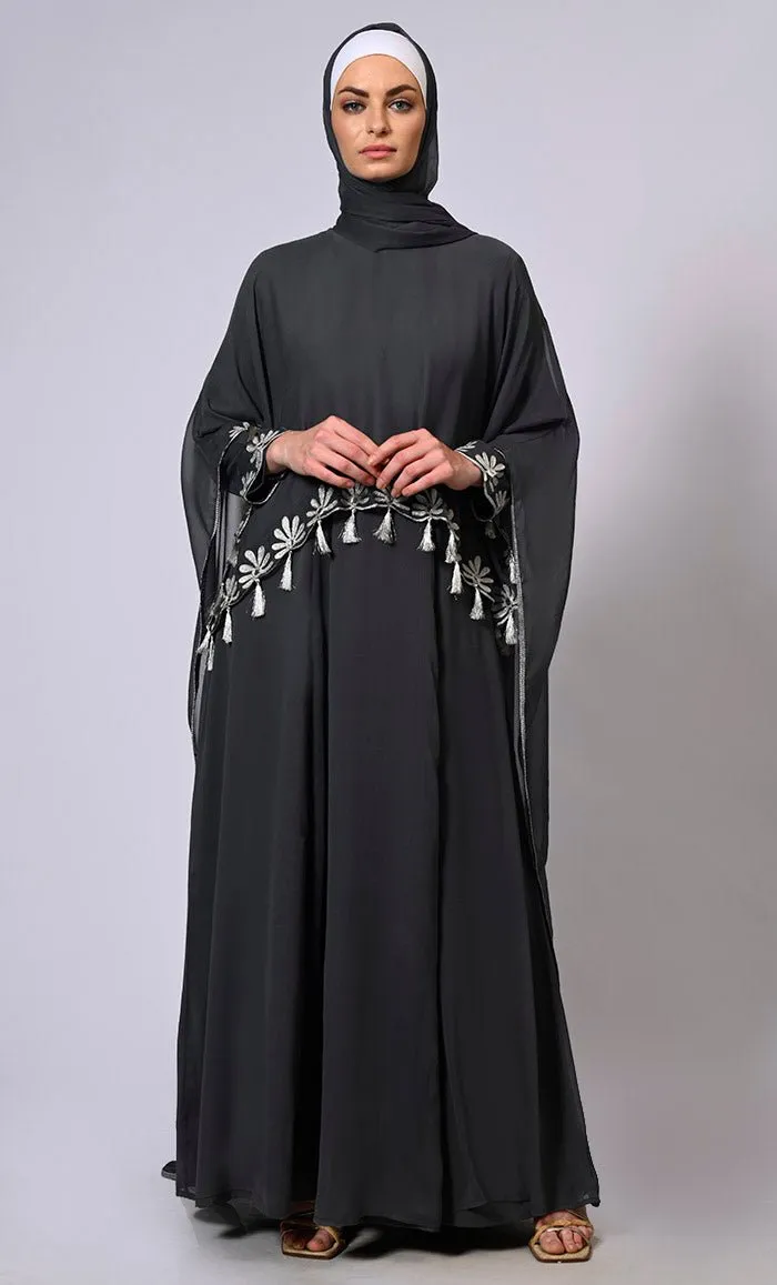 2 Pc Cape style Embroidered Grey Abaya with Scalloped Edges and Tassels Detailing