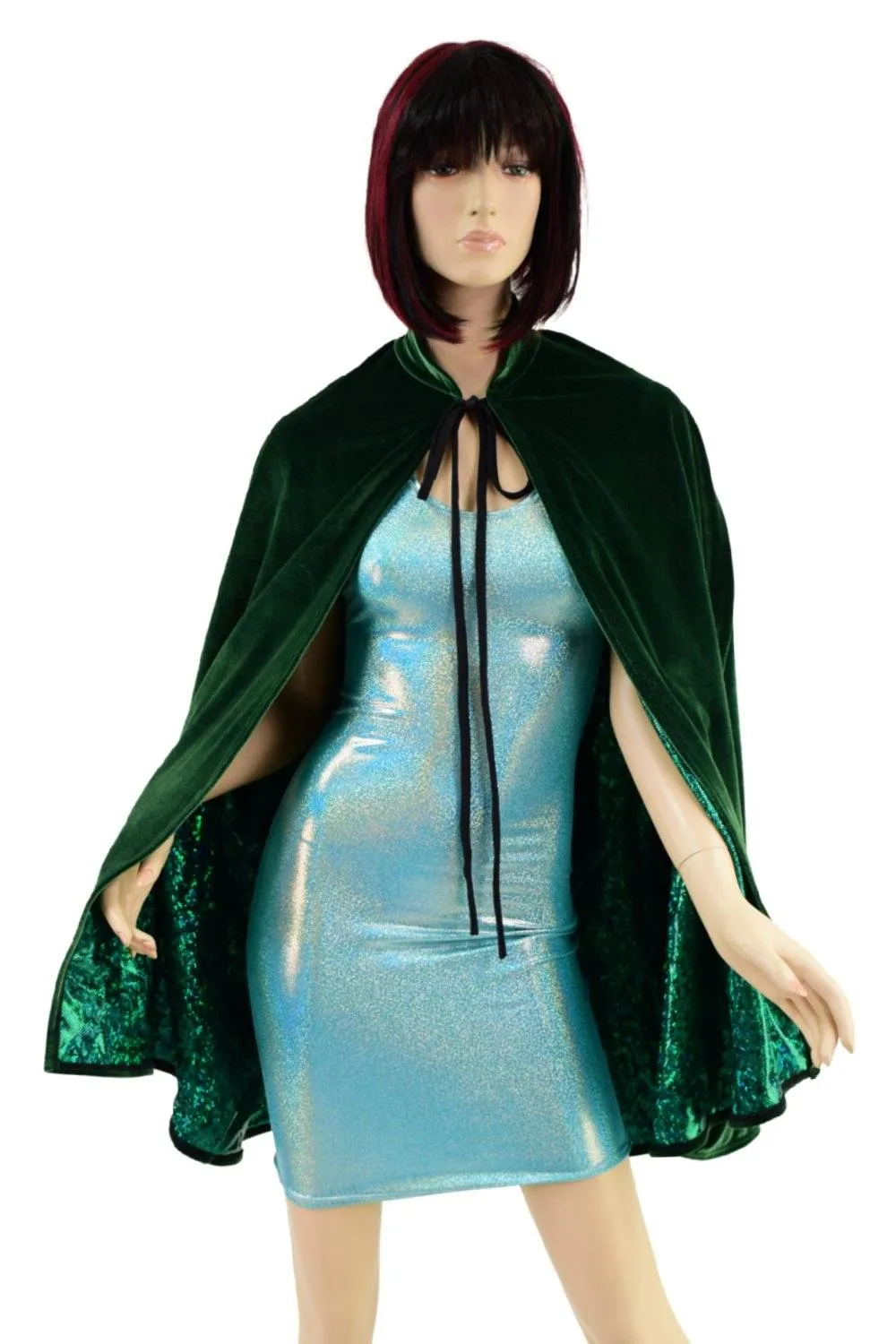 35" Collared Cape in Green Velvet, lined with Green Shattered Glass