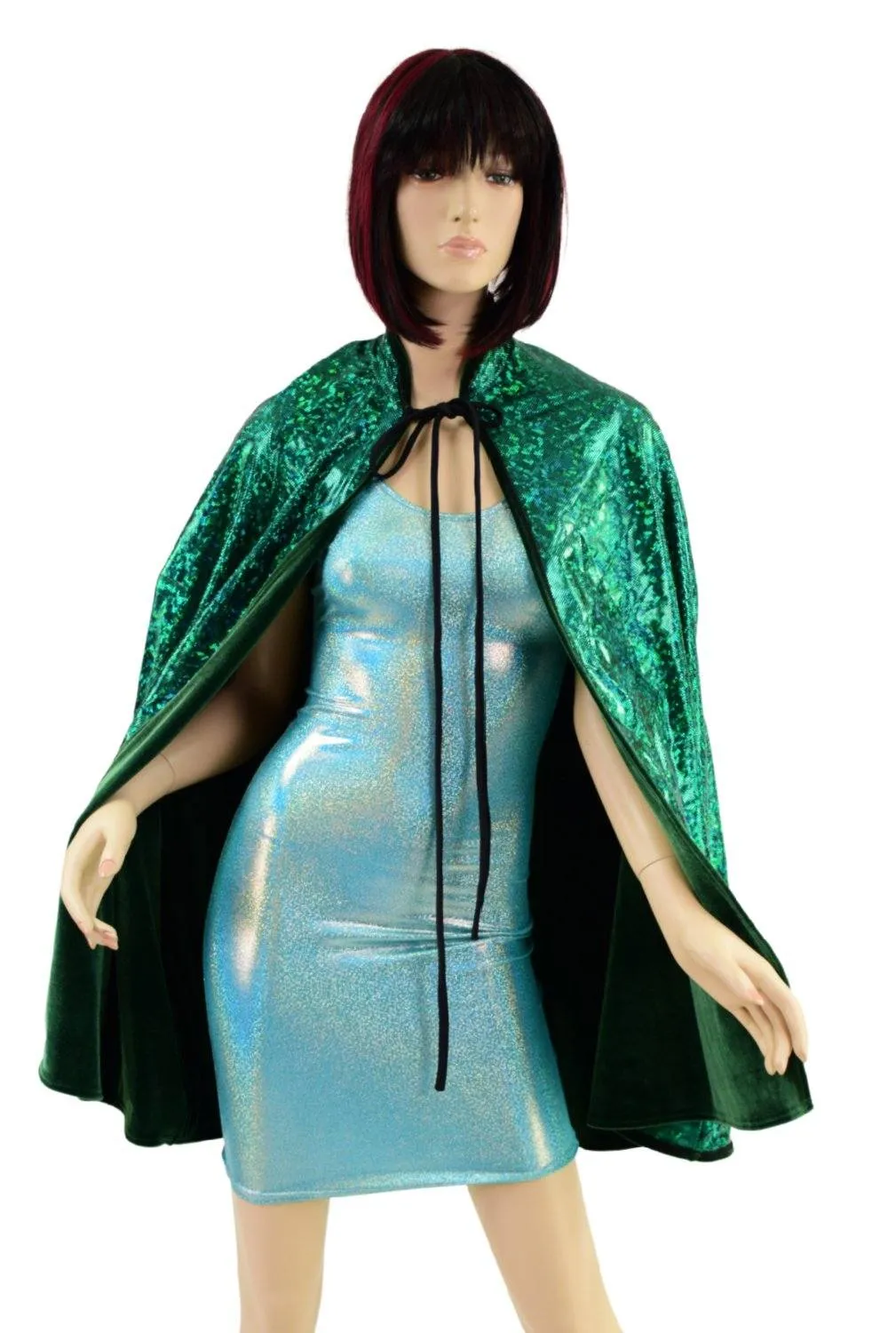 35" Collared Cape in Green Velvet, lined with Green Shattered Glass