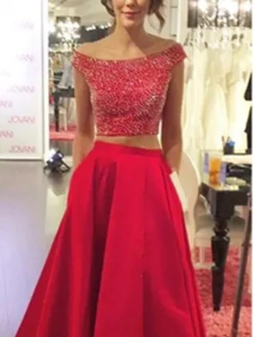 A Line Round Neck Cap Sleeves 2 Pieces Red Prom Dress, 2 Pieces Red Formal Dress