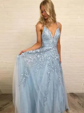 A Line V Neck Lace Sky Blue Long Prom Dresses, Sky Blue Lace Formal Dresses, V Neck Sky Blue Evening Dresses