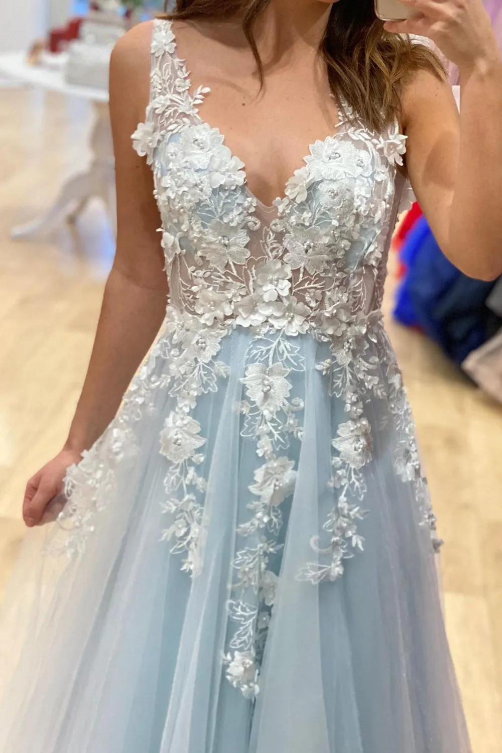 A Line V Neck Light Blue Lace Floral Long Prom Dress, Light Blue Lace Formal Dress, Blue Evening Dress