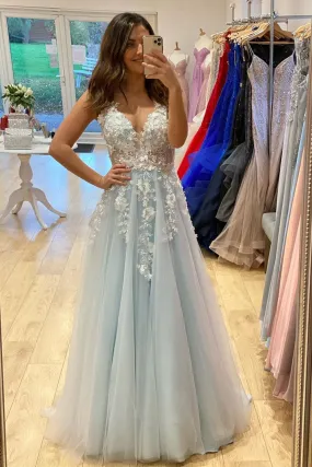 A Line V Neck Light Blue Lace Floral Long Prom Dress, Light Blue Lace Formal Dress, Blue Evening Dress