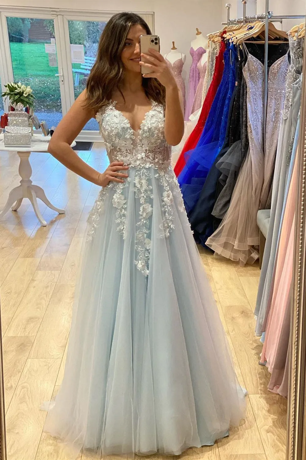 A Line V Neck Light Blue Lace Floral Long Prom Dress, Light Blue Lace Formal Dress, Blue Evening Dress