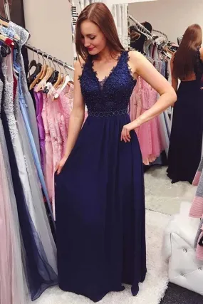 A Line V Neck Open Back Navy Blue Lace Long Prom Dress, V Neck Navy Blue Lace Formal Graduation Evening Dress