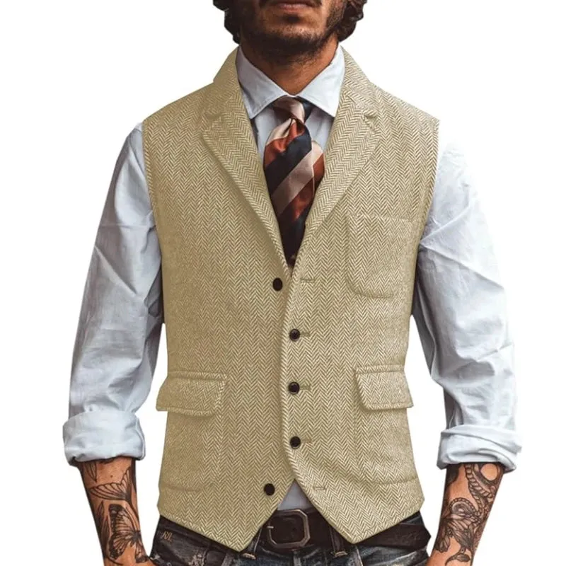 Aidase Men Vest Brown Herringbone Business Waistcoat Jacket Casual Slim For Wedding Groom Banquet Gilet Vest