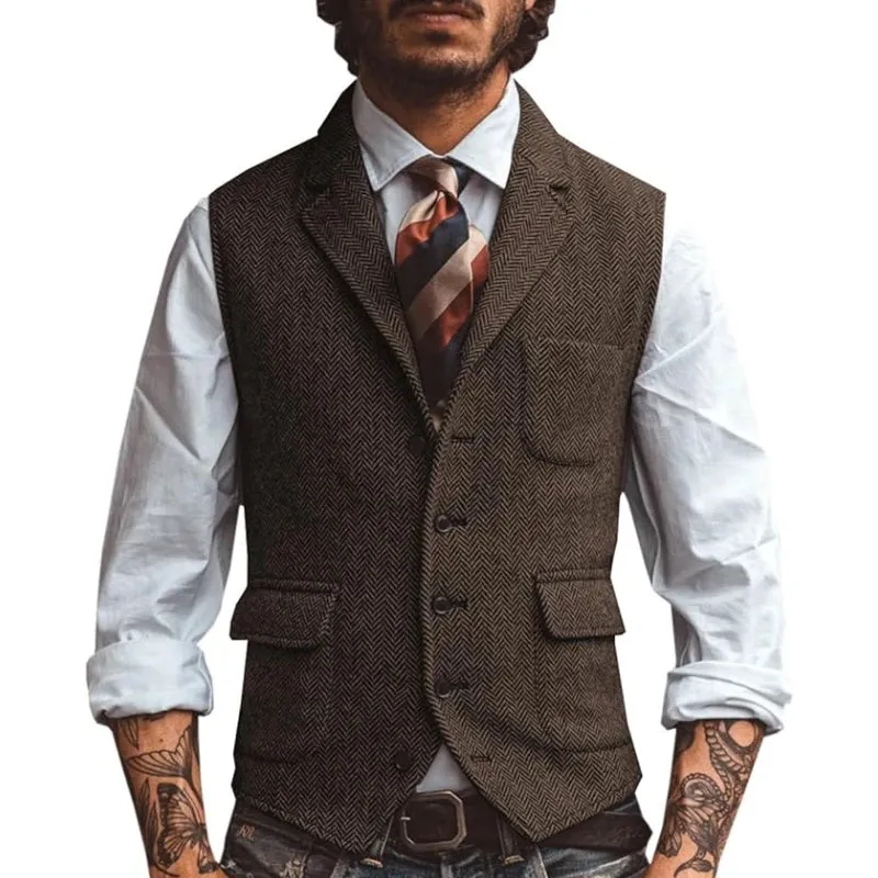 Aidase Men Vest Brown Herringbone Business Waistcoat Jacket Casual Slim For Wedding Groom Banquet Gilet Vest