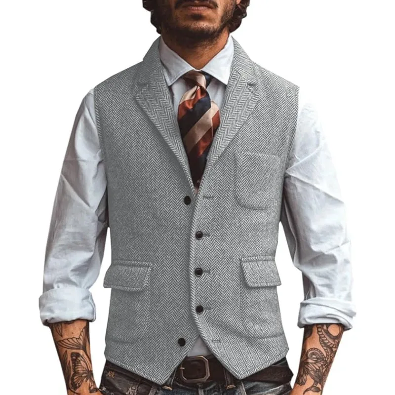 Aidase Men Vest Brown Herringbone Business Waistcoat Jacket Casual Slim For Wedding Groom Banquet Gilet Vest