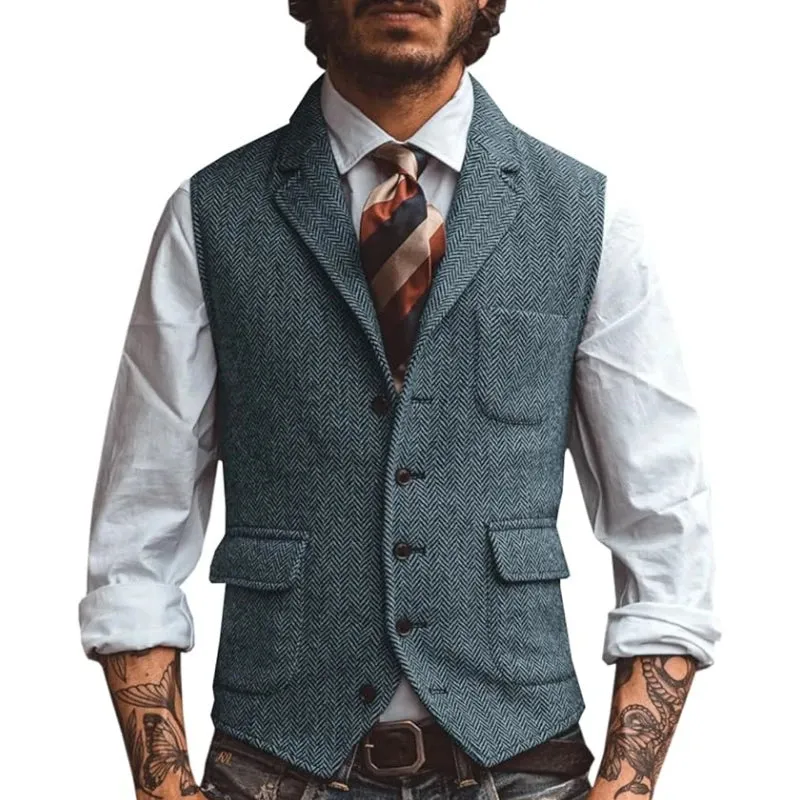 Aidase Men Vest Brown Herringbone Business Waistcoat Jacket Casual Slim For Wedding Groom Banquet Gilet Vest