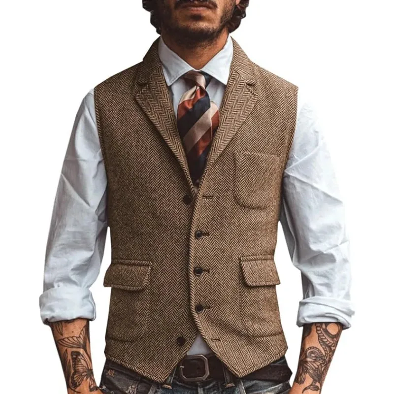 Aidase Men Vest Brown Herringbone Business Waistcoat Jacket Casual Slim For Wedding Groom Banquet Gilet Vest