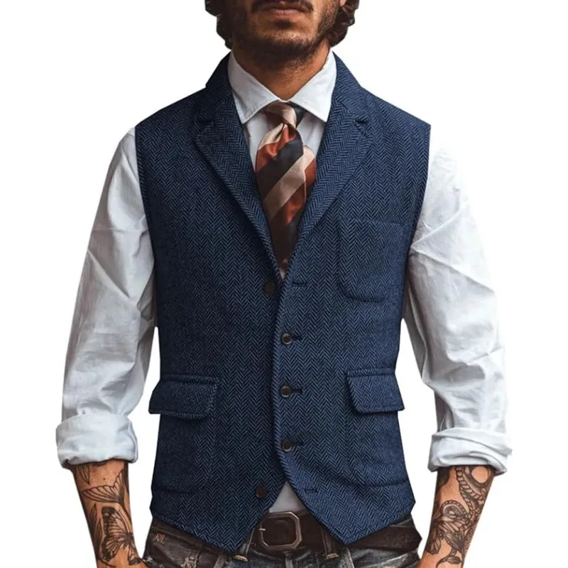 Aidase Men Vest Brown Herringbone Business Waistcoat Jacket Casual Slim For Wedding Groom Banquet Gilet Vest