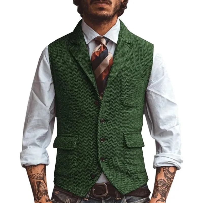 Aidase Men Vest Brown Herringbone Business Waistcoat Jacket Casual Slim For Wedding Groom Banquet Gilet Vest