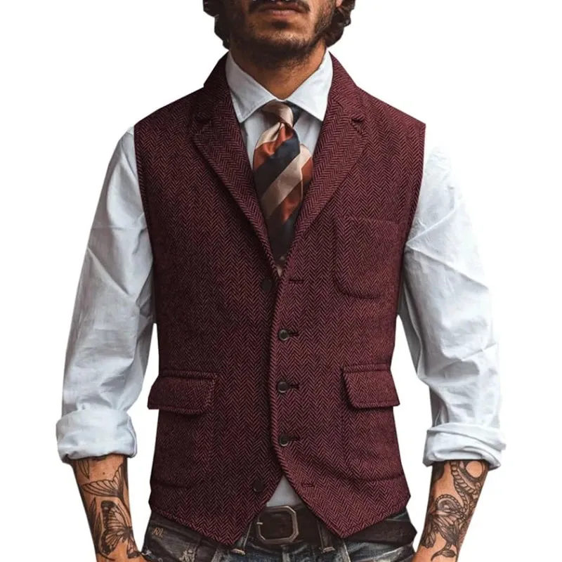 Aidase Men Vest Brown Herringbone Business Waistcoat Jacket Casual Slim For Wedding Groom Banquet Gilet Vest