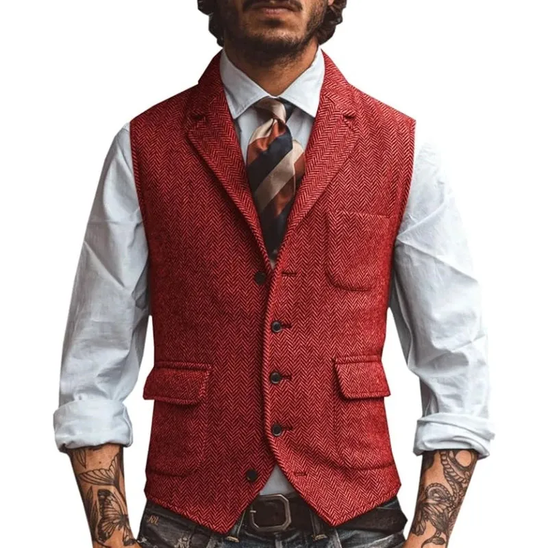 Aidase Men Vest Brown Herringbone Business Waistcoat Jacket Casual Slim For Wedding Groom Banquet Gilet Vest