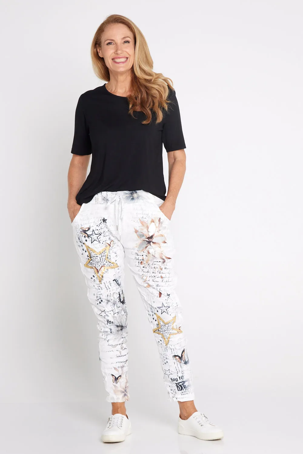 Alina Pants - White/Cocoa Butterflies