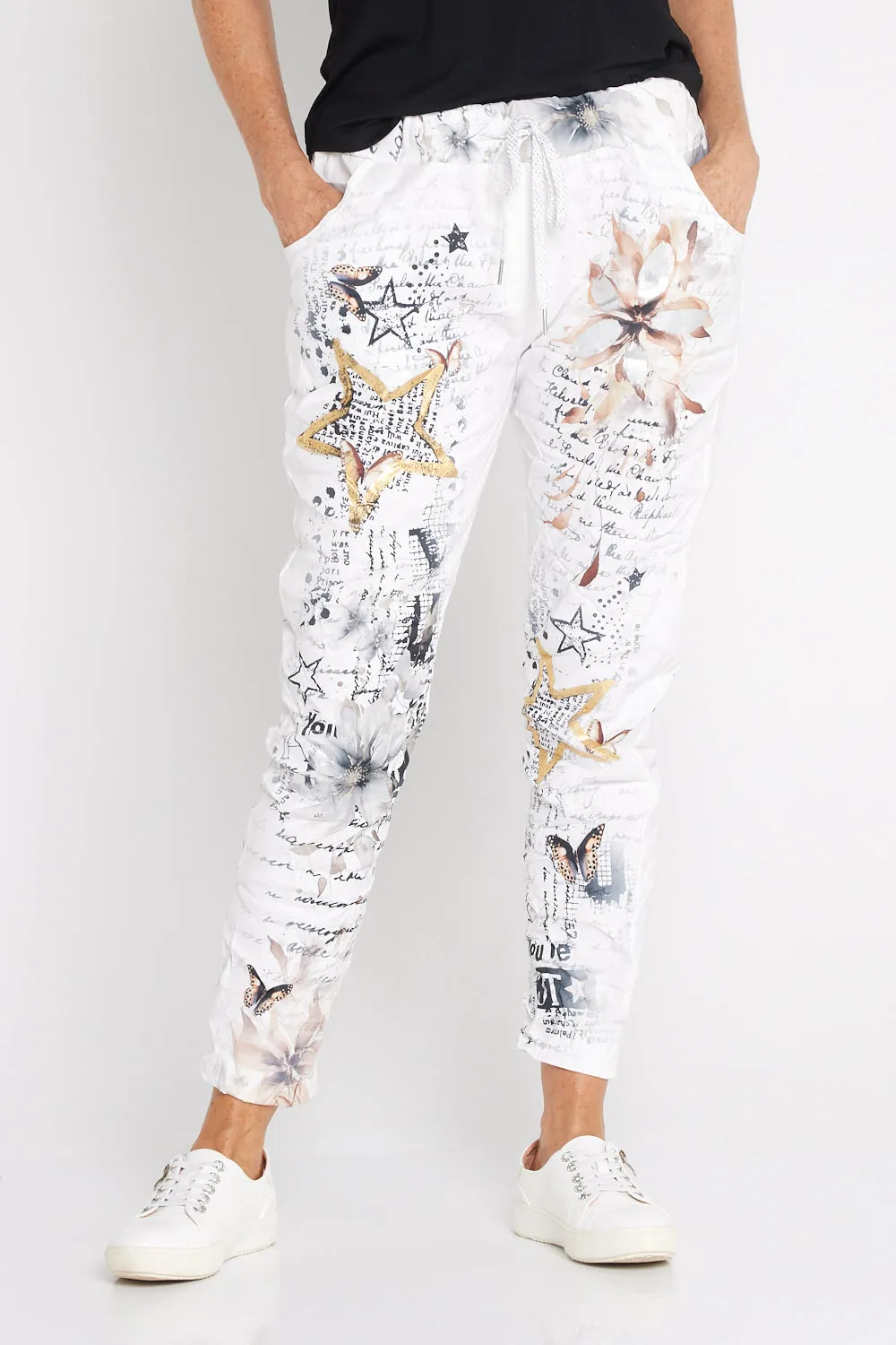 Alina Pants - White/Cocoa Butterflies