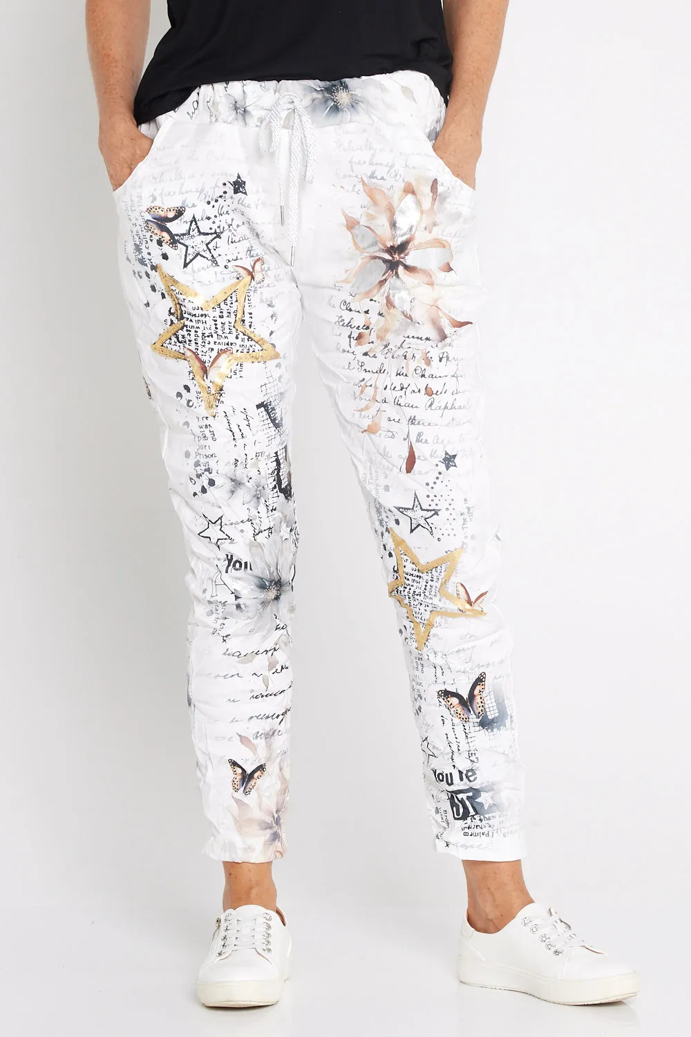 Alina Pants - White/Cocoa Butterflies