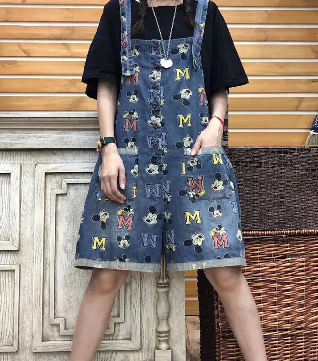 Alphabet Cartoon Denim Silk Loose Casual Summer Overall Women Jumpsuits QYCQ05165