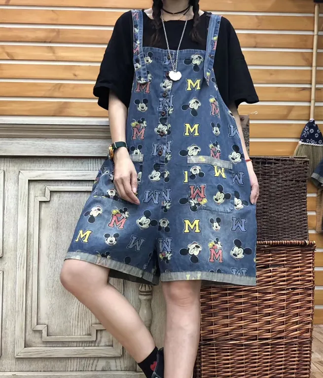 Alphabet Cartoon Denim Silk Loose Casual Summer Overall Women Jumpsuits QYCQ05165