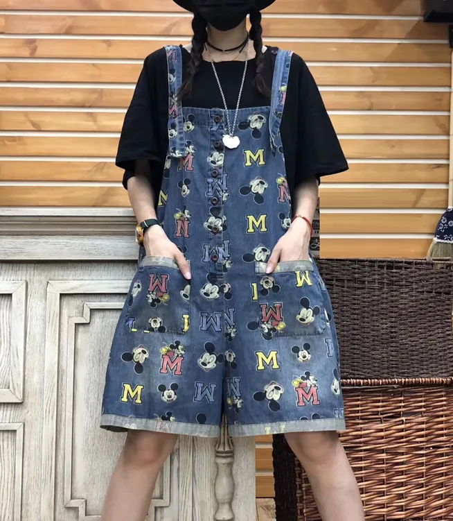 Alphabet Cartoon Denim Silk Loose Casual Summer Overall Women Jumpsuits QYCQ05165