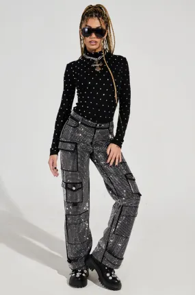 AMMO BONNE SOIREE RHINESTONE CARGO PANTS IN BLACK