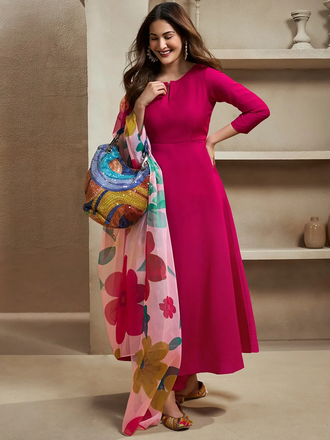 Amyra Dastur Magenta Notch Neck Floral Regular Pure Silk Anarkali Kurta with Trousers & Dupatta