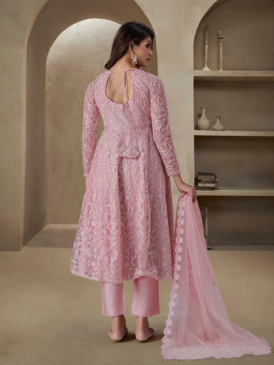 Amyra Dastur Pink Floral Embroidered Regular Thread Work Kurta with Trousers & With Dupatta