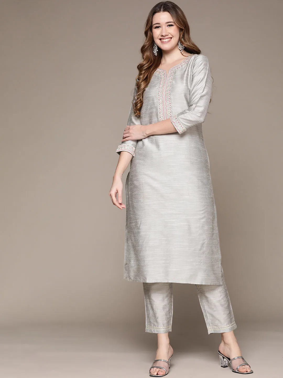 Anubhutee Women's Grey Zari Embroidered Kurta Set with Trousers