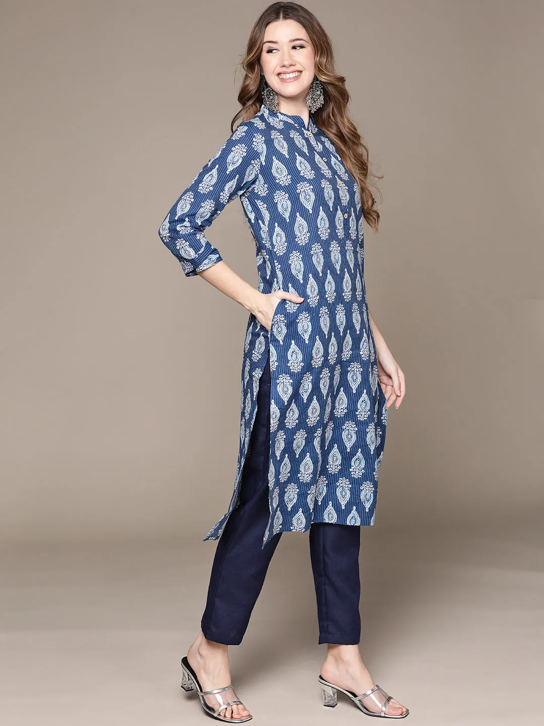 Anubhutee Women's Indigo Blue Cotton Kantha Kurta Set with Trousers