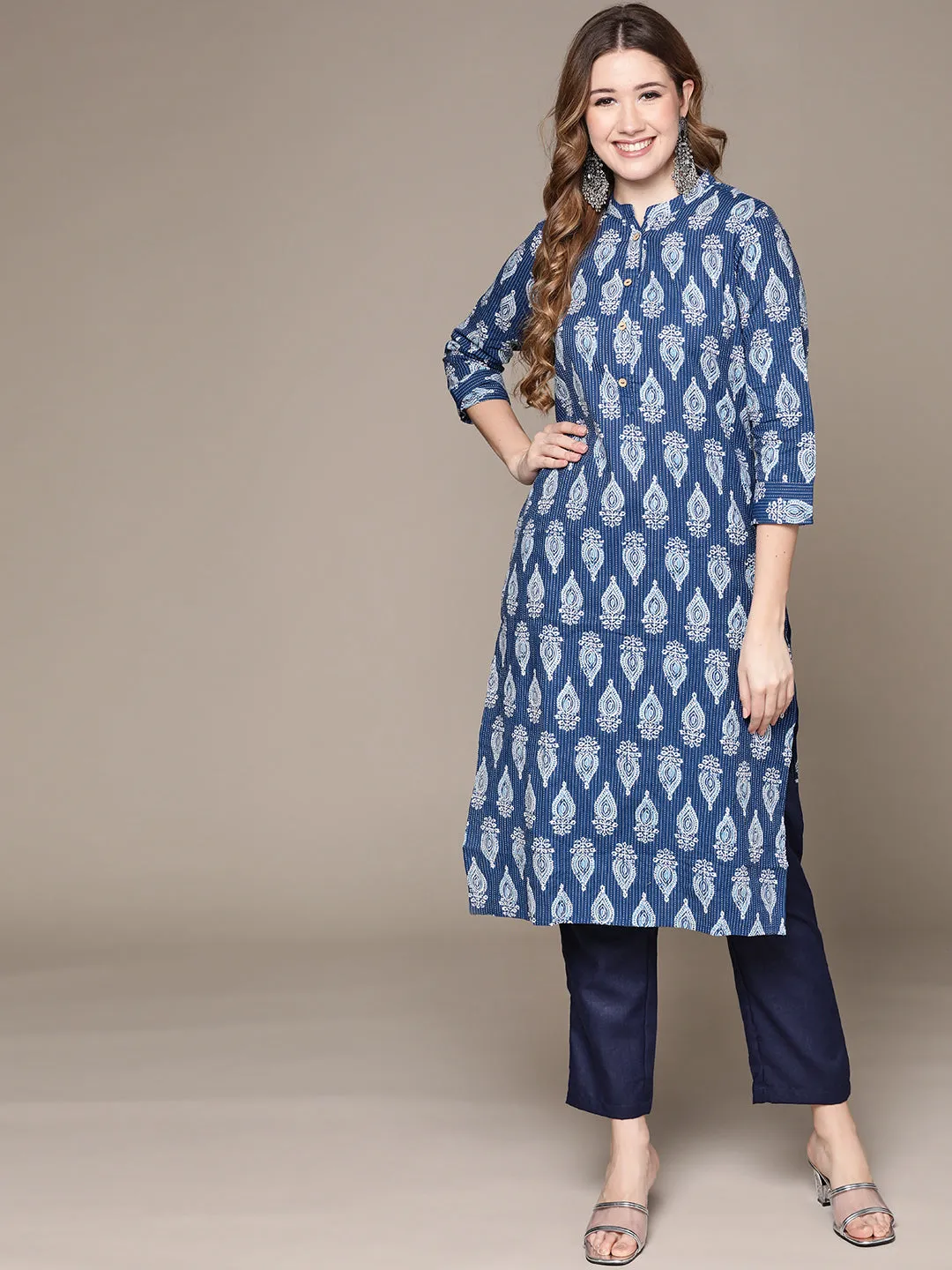 Anubhutee Women's Indigo Blue Cotton Kantha Kurta Set with Trousers