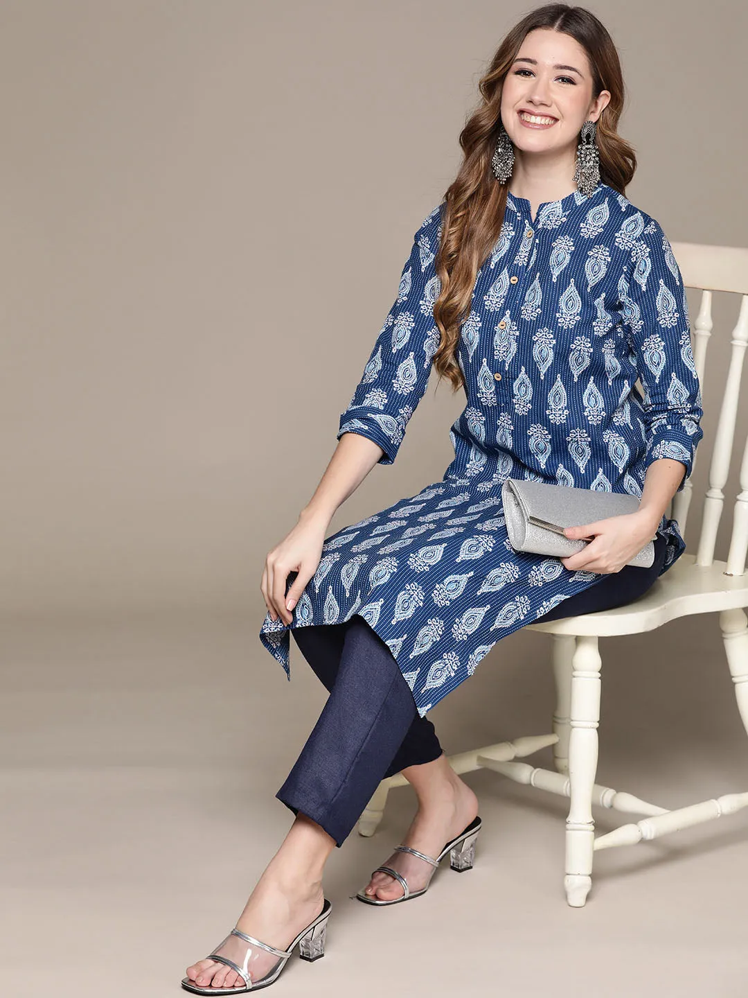 Anubhutee Women's Indigo Blue Cotton Kantha Kurta Set with Trousers