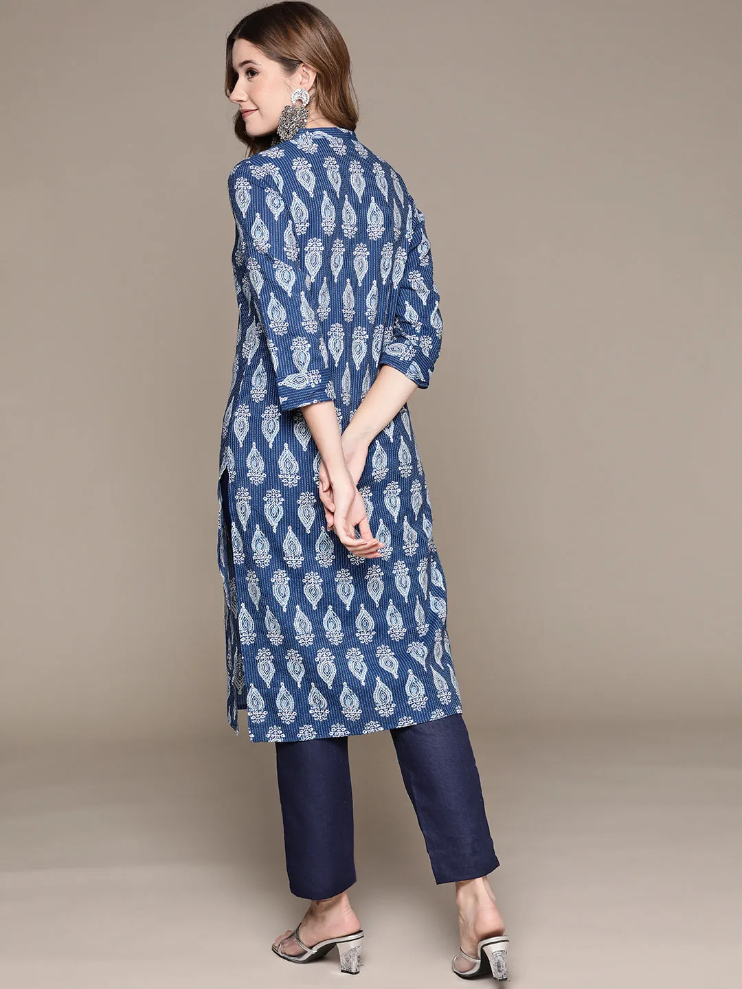 Anubhutee Women's Indigo Blue Cotton Kantha Kurta Set with Trousers