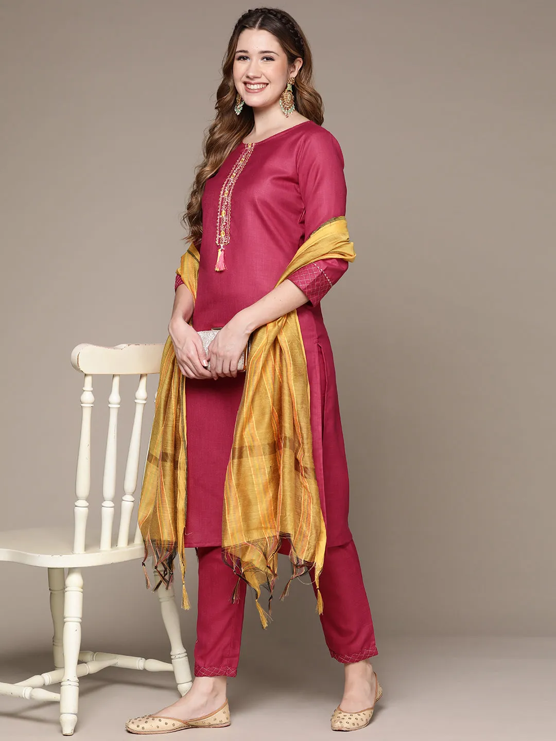 Anubhutee Women's Magenta Embroidered Kurta Set with Trousers and Dupatta