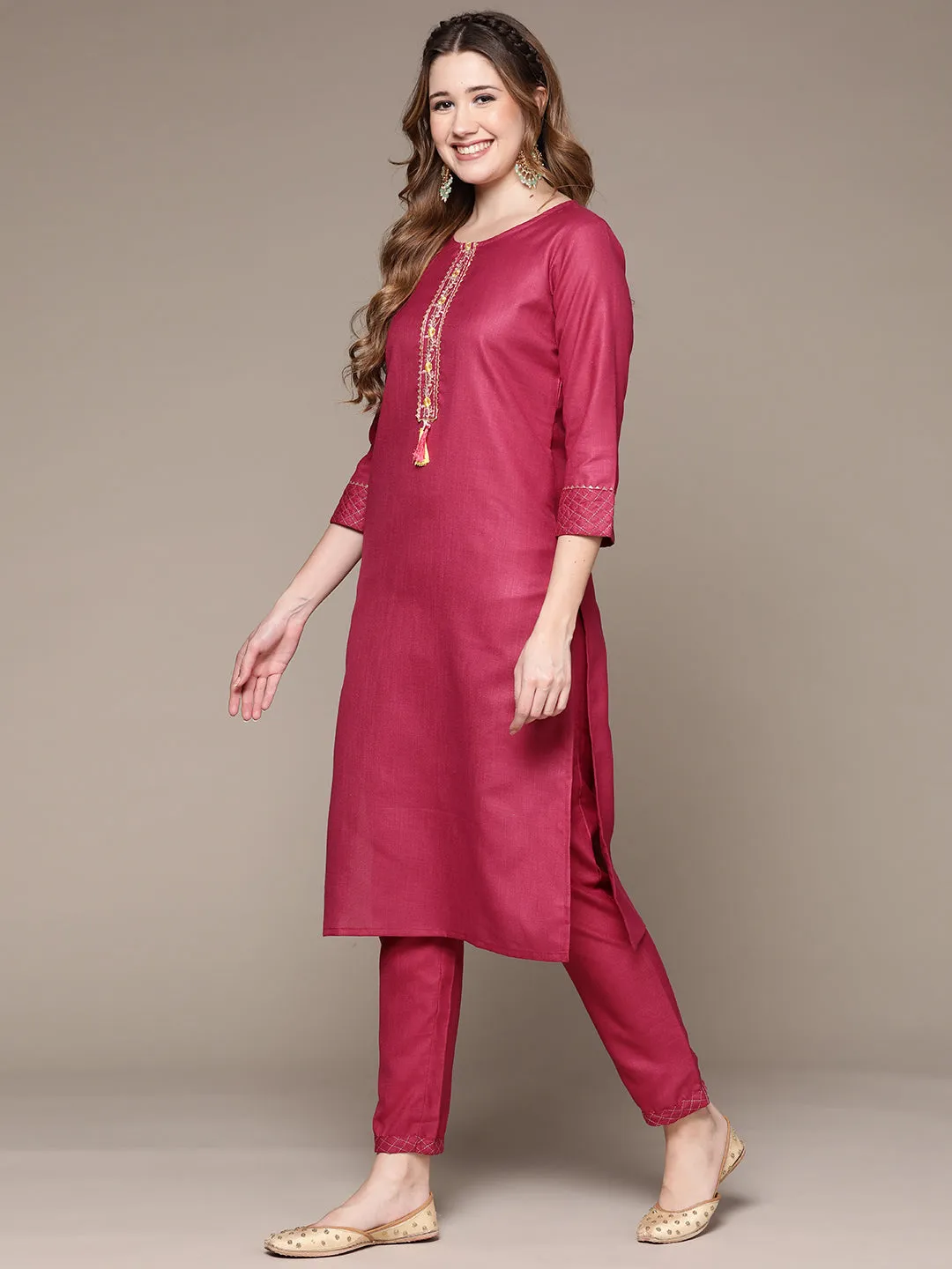 Anubhutee Women's Magenta Embroidered Kurta Set with Trousers and Dupatta