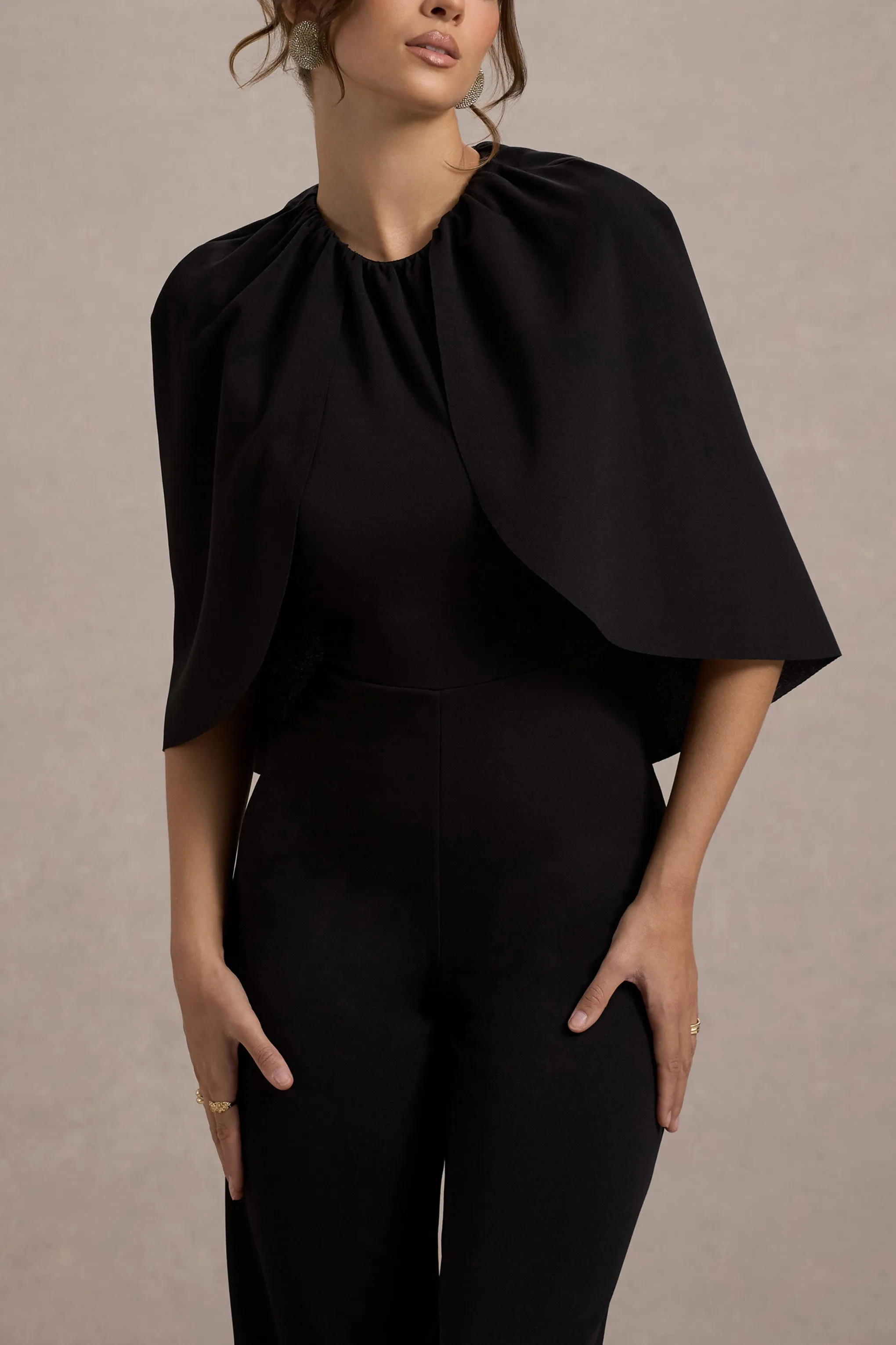 Arbor | Black Cape-Sleeve Straight-Leg Jumpsuit