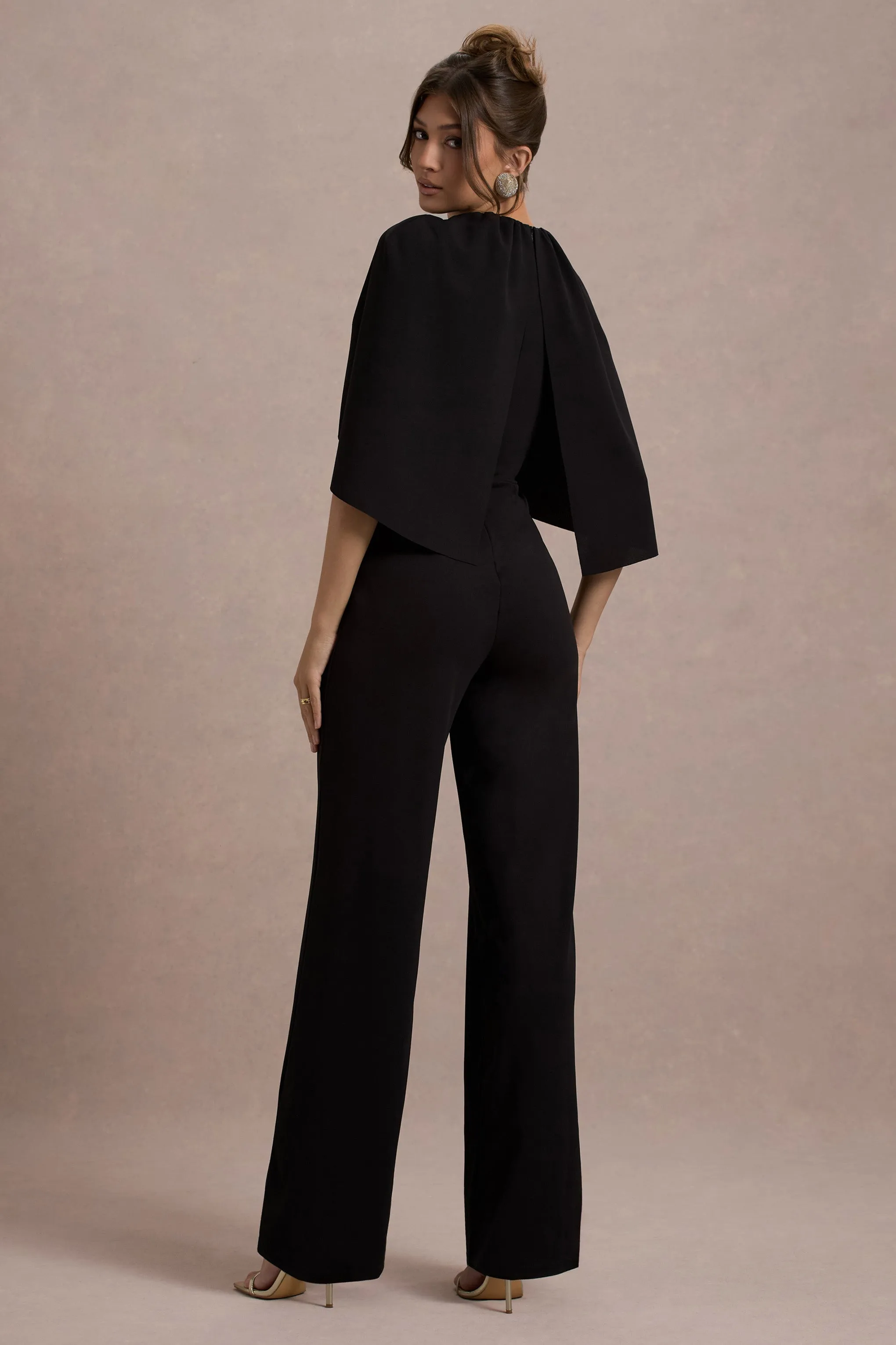 Arbor | Black Cape-Sleeve Straight-Leg Jumpsuit