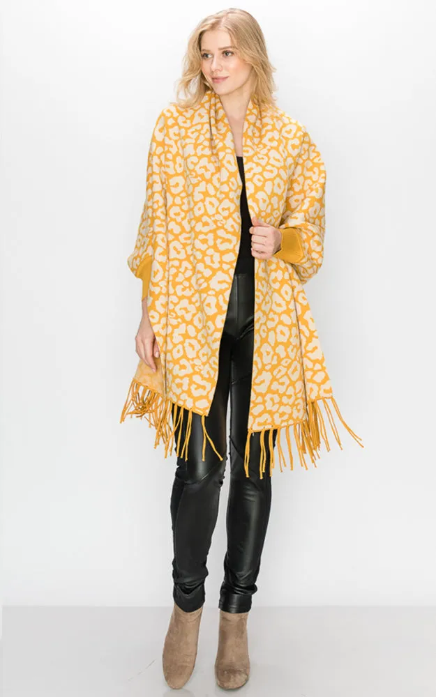 AV341 Animal Print Sleeve Cape Shawl with Fringe