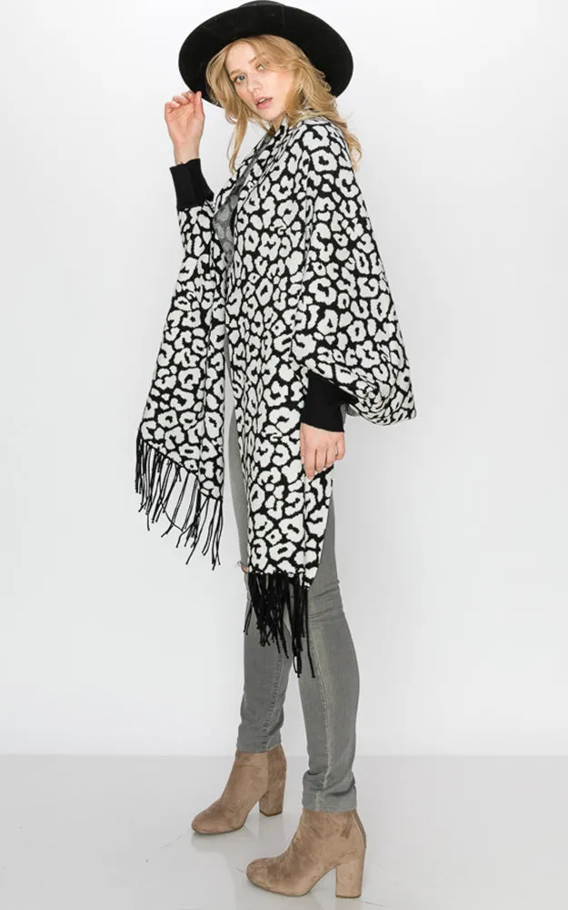 AV341 Animal Print Sleeve Cape Shawl with Fringe