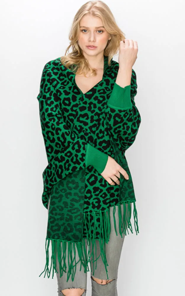 AV341 Animal Print Sleeve Cape Shawl with Fringe