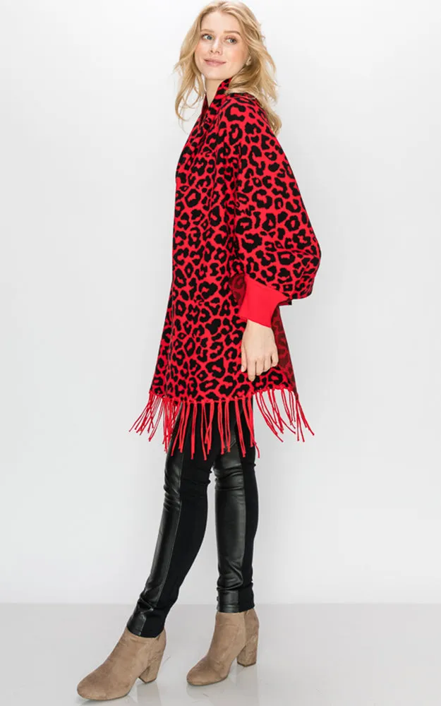 AV341 Animal Print Sleeve Cape Shawl with Fringe