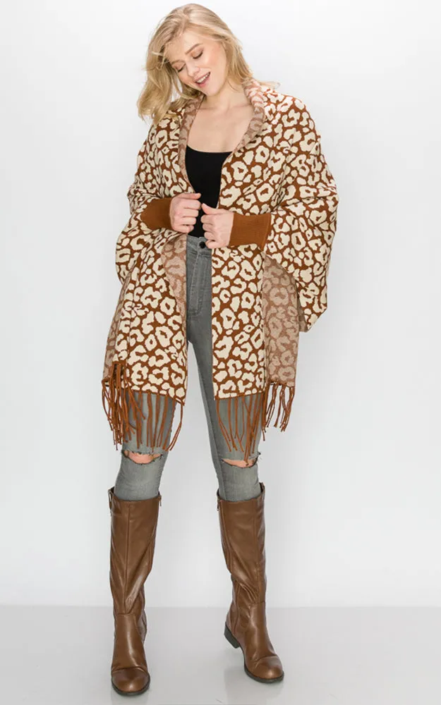 AV341 Animal Print Sleeve Cape Shawl with Fringe