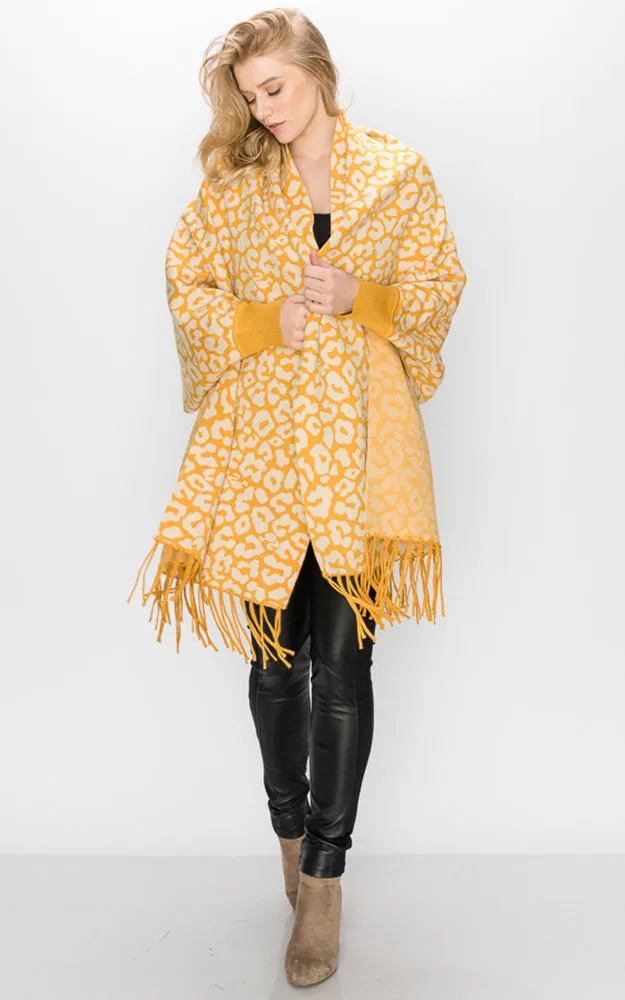 AV341 Animal Print Sleeve Cape Shawl with Fringe