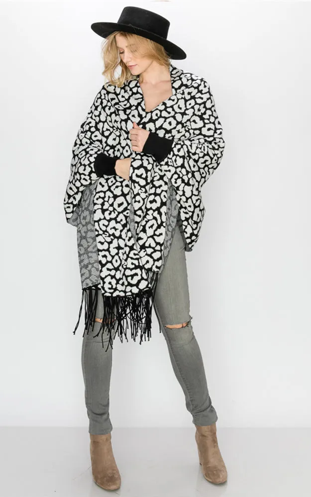 AV341 Animal Print Sleeve Cape Shawl with Fringe